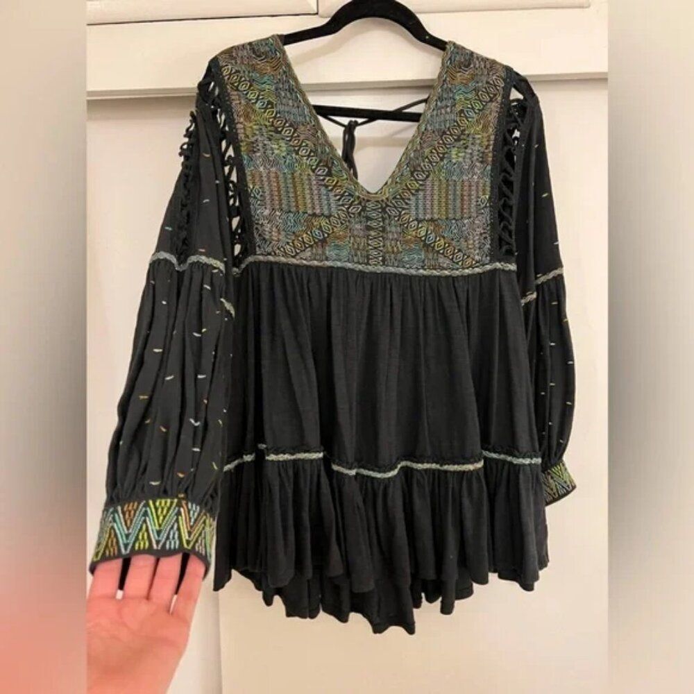 🌸Free People Much Love Balloon Sleeve Embroidered Crochet tunic Top dress XS - Picture 7 of 10